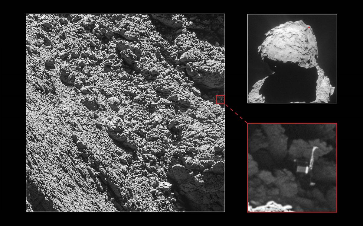 Philae (lower right) was found Sept. 4 in a shadowy area of Comet 67P/Churyumov-Gerasimenko, marked in the image at left. The context of the landing zone is shown at upper-right.