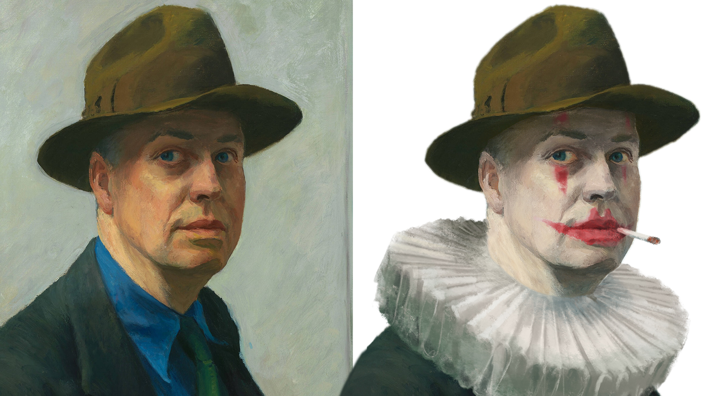 two artworks side by side, one with the image of a man with a hat on transformed into a clown