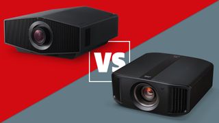 The Sony Bravia Projector 8 and JVC DLA-NZ800 projectors on a red and grey background with a versus sign between them.