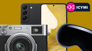 The Samsung Galaxy S22, Apple Vision Pro and Fujifilm X100VI camera on a yellow background