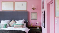 Pink bedroom with grey headboard