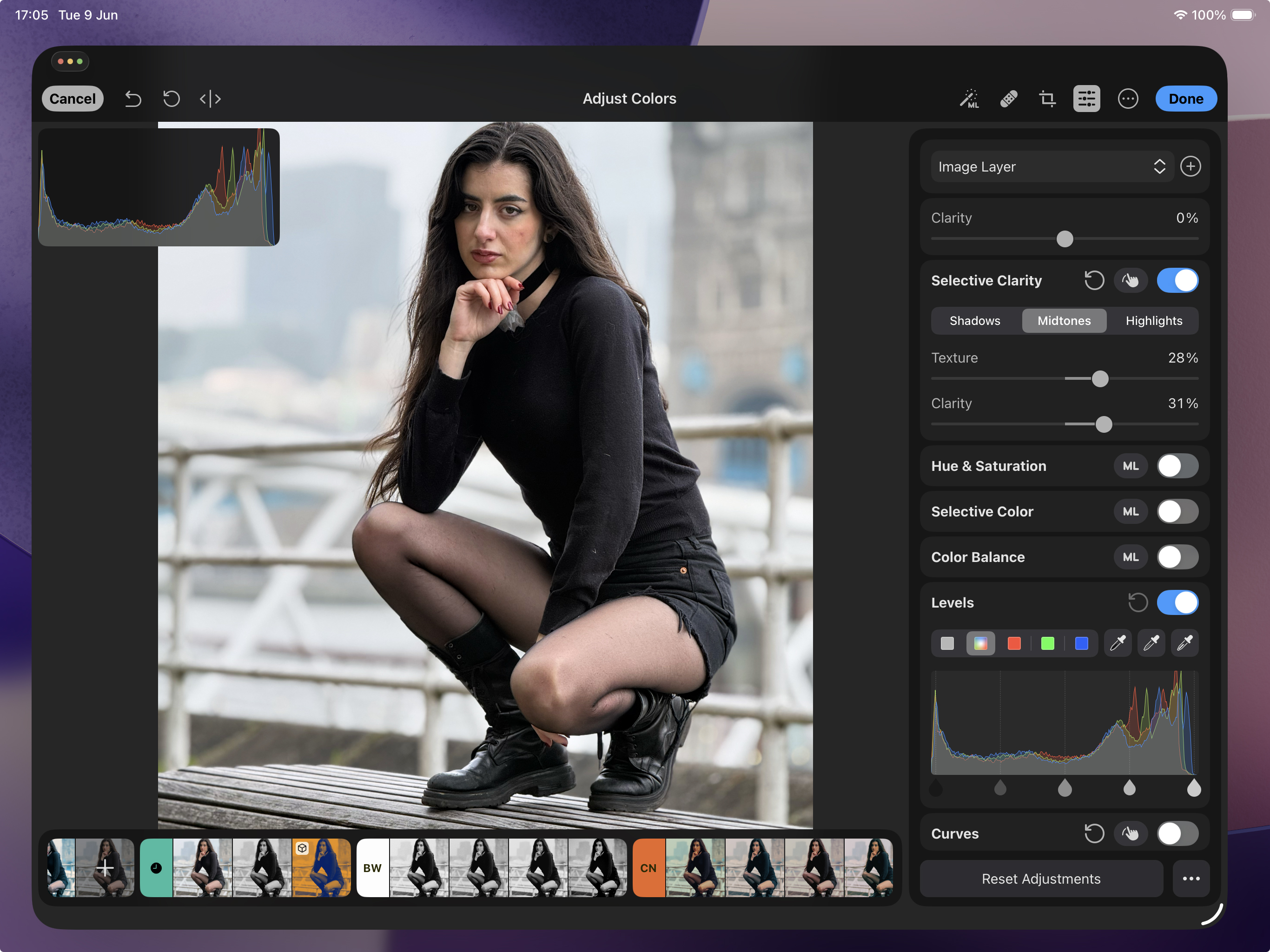 Shot of the Photomator workspace on an iPad. The Selective Clarity panel has been toggled open and we&amp;rsquo;ve boosted the clarity of a model portrait&amp;rsquo;s midtones.