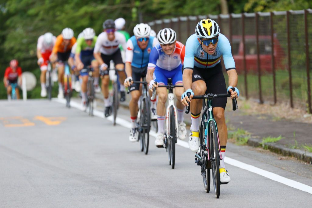 OYAMA JAPAN JULY 24 Wout van Aert of Team Belgium in the breakaway during the Mens road race at the Fuji International Speedway on day one of the Tokyo 2020 Olympic Games on July 24 2021 in Oyama Shizuoka Japan Photo by Tim de WaeleGetty Images