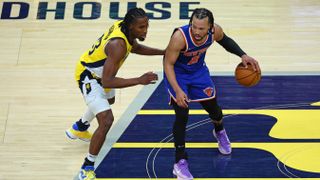 Jalen Brunson #11 of the New York Knicks NBA team dribbles the ball during the game against the Indiana Pacers during the 2025 Eastern Conference Finals on May 27, 2025 at Gainbridge Fieldhouse in Indianapolis, Indiana.
