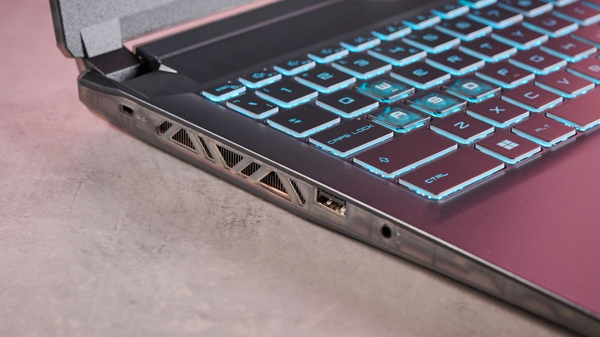 Close-up of left-side ports on the MSI Cyborg 15 A13U on a desk