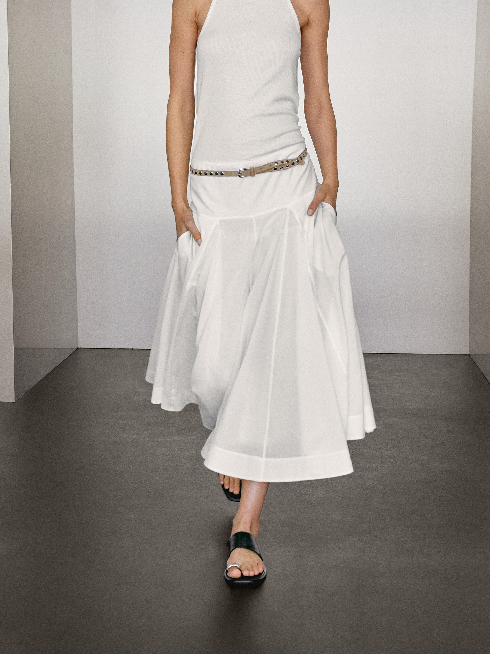 100% Cotton Midi Skirt With Yoke Detail