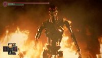 Terminator walking out of fire with Elden Ring UI on top