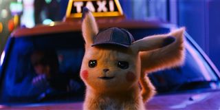 Pikachu in front of a taxi in Detective Pikachu