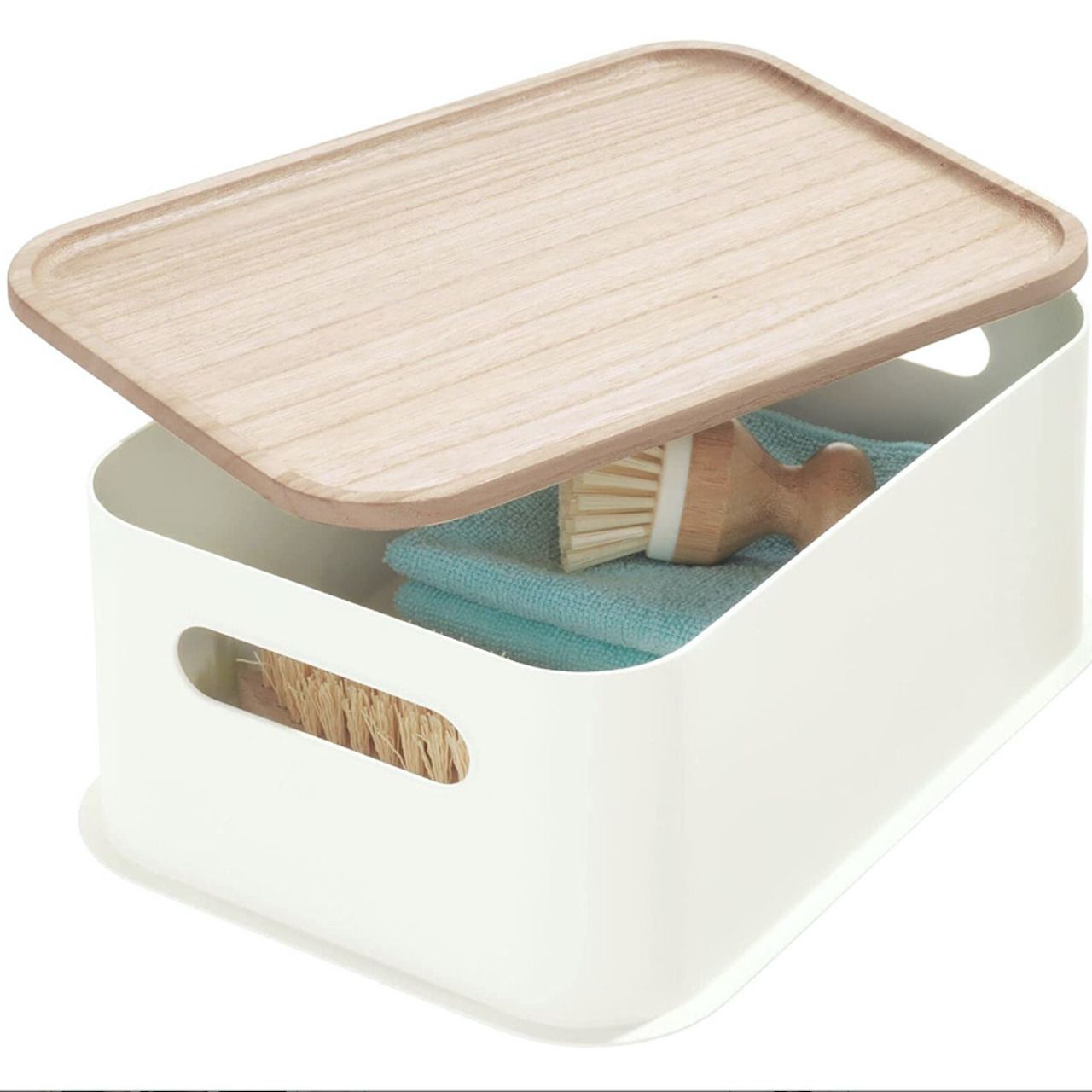 Wadah penyimpanan putih dengan tutup kayu