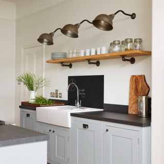 A grey kitchen with accent lighting