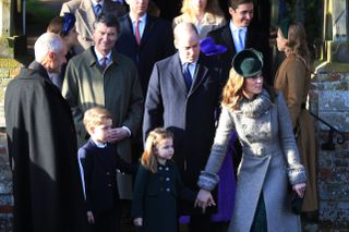 Prince William, Duke of Cambridge, Prince George, Princess Charlotte and Catherine, Duchess of Cambridge attend the Christmas Day Church service at Church of St Mary Magdalene on the Sandringham estate on December 25, 2019