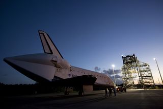 Workers Watch Endeavour Being Towed