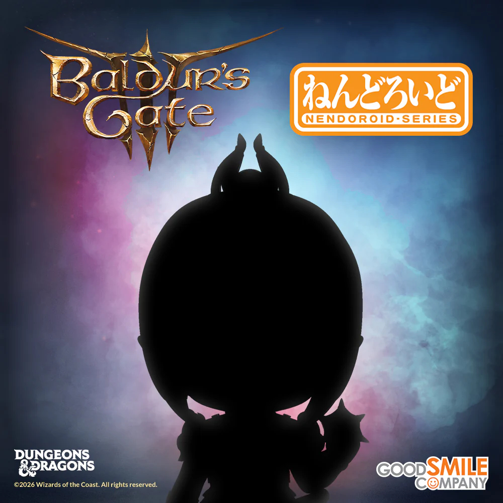 A Shadowheart Nendoroid figure silhouette against a pink and blue background, with multiple logos