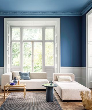 Living room with blue walls and ceiling and wood floor