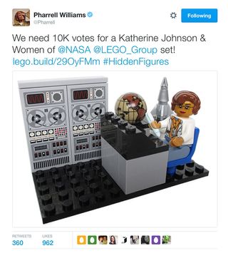 Singer Pharrell Williams shared his support for the Lego "Women of NASA" set created by Maia Weinstock on Twitter.