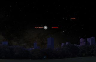 Saturn will be visible near the moon in the southeastern sky late at night on Sunday, May 21, 2016. This Starry Night sky map shows how the moon and Saturn (as well as Mars) will look at 11 p.m. local time.