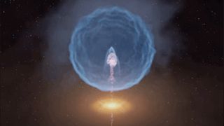 A ball of glowing blue light hovers over a disk of swirling glowing orange hues.