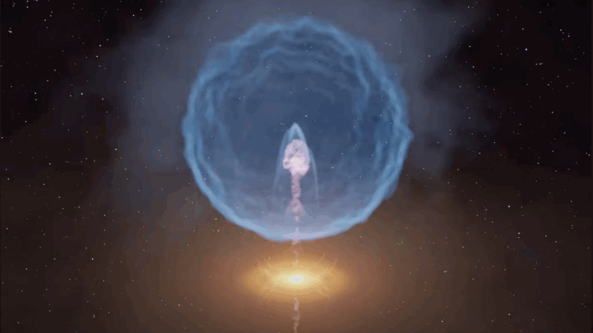 A ball of glowing blue light hovers over a disk of swirling glowing orange hues. 