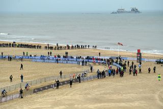 OOSTENDE BELGIUM JANUARY 31 Landscape Peloton Sand Beach Sea during the 72nd UCI CycloCross World Championships Oostende 2021 Men Elite UCICX CXWorldCup Ostend2021 CX on January 31 2021 in Oostende Belgium Photo by Luc ClaessenGetty Images