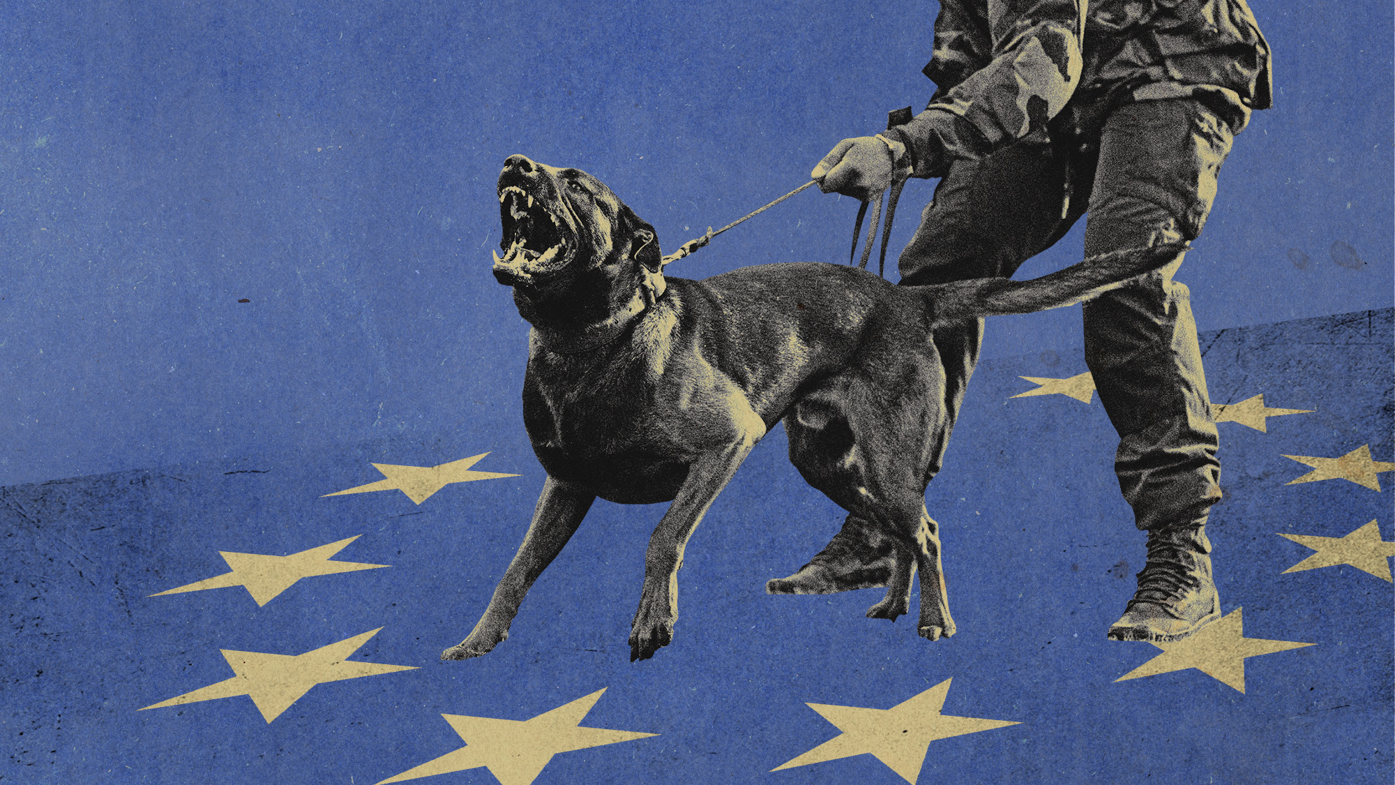 Photo collage of a man holding a snarling dog on a lead inside the ring of stars on the EU flag.