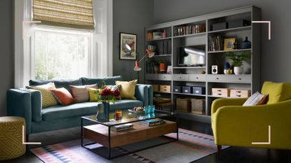 Dark grey living room showing numerous ways to avoid common living room design mistakes