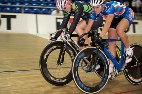 Cristin Walker (Momentum) wins the first sprint against Cari Higgins (Pro Man) in the Gold Medal ride.