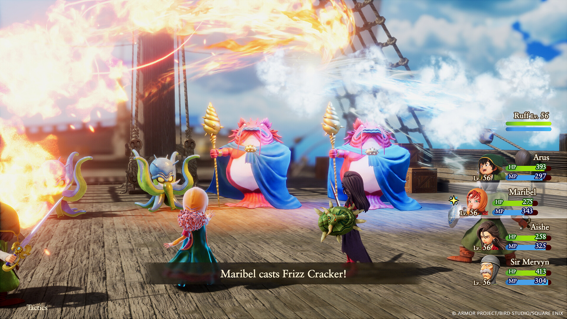 The hero and his party fighting a group of monsters on a ship during the RPG Dragon Quest 7: Reimagined