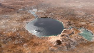 An aerial view of Jezero Crater on Mars