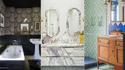 Three images of bathrooms: 1. dark bathrooom with panelling 2. marble bathroom 3. colorful blue and green bathroom with wooden vanity