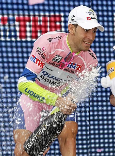 Giro leader Vincenzo Nibali (Liquigas - Doimo) celebrates on the podium.