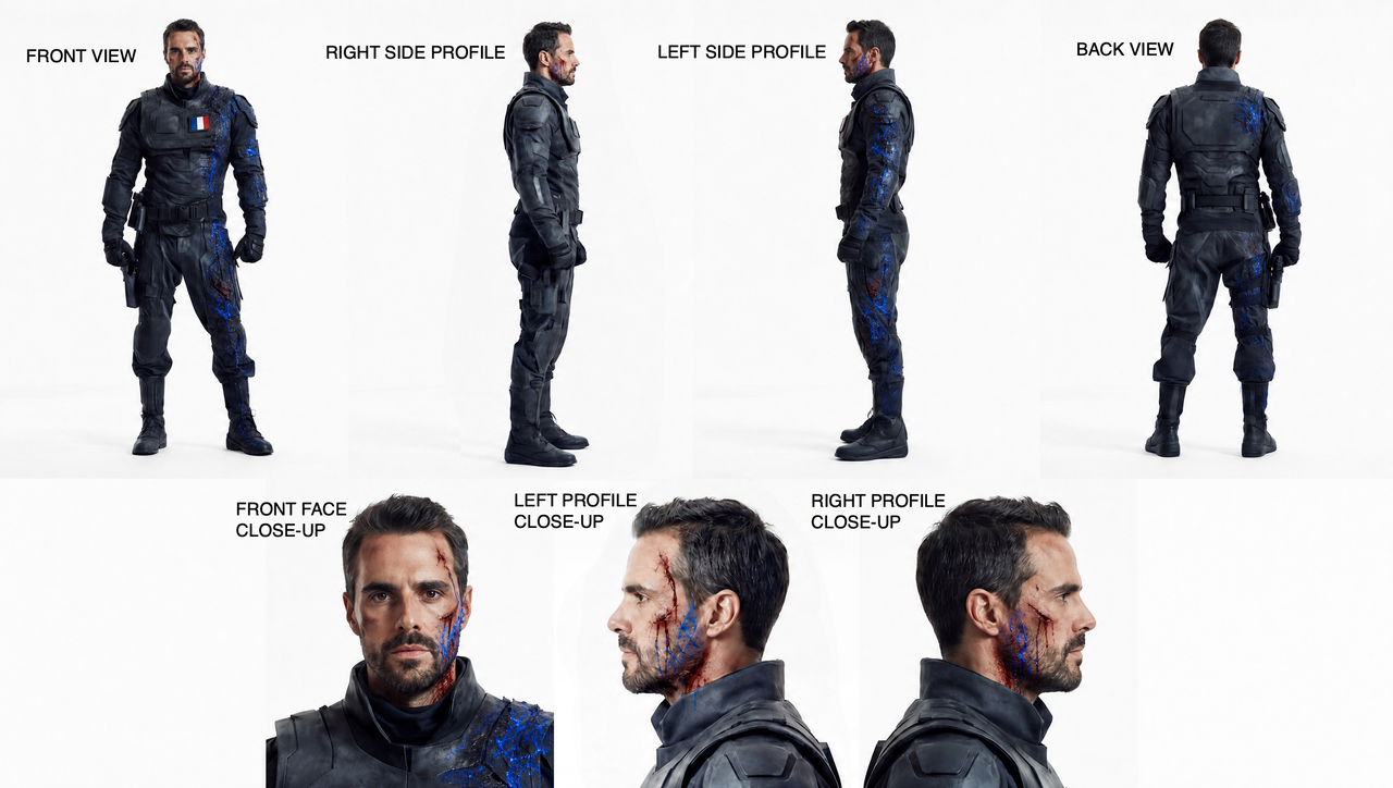Catacombs AI film; character sheets of AI generated people
