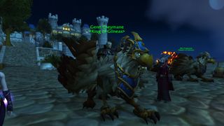 WoW 10.2.5 update - Genn Greymane sits on top of his mount at Stormwind Harbor