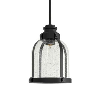 A domed pendant light with black metallic exterior