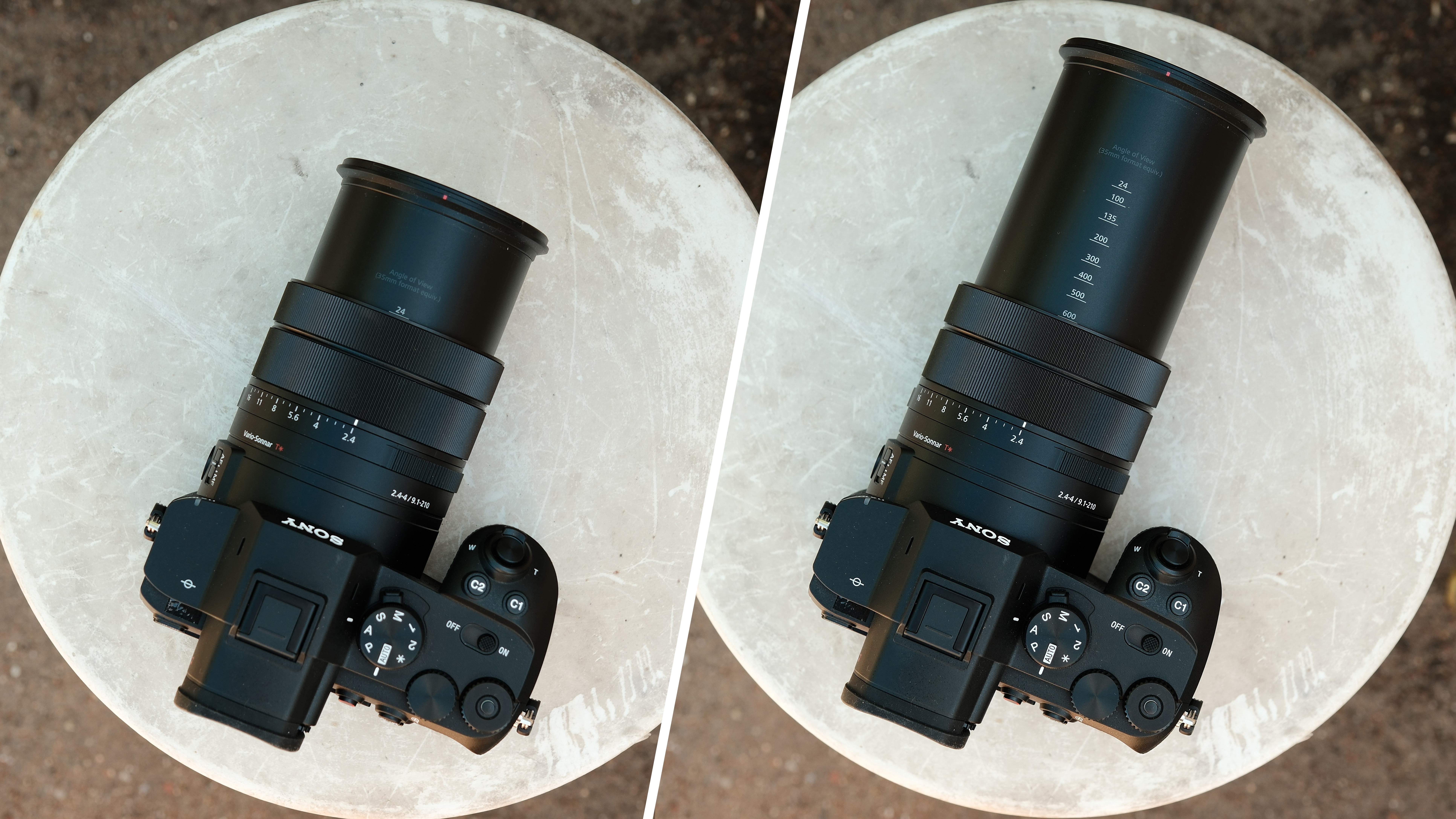 Sony RX10 V camera with its lens at 24mm next to a Sony RX10 V camera with its lens at 600mm