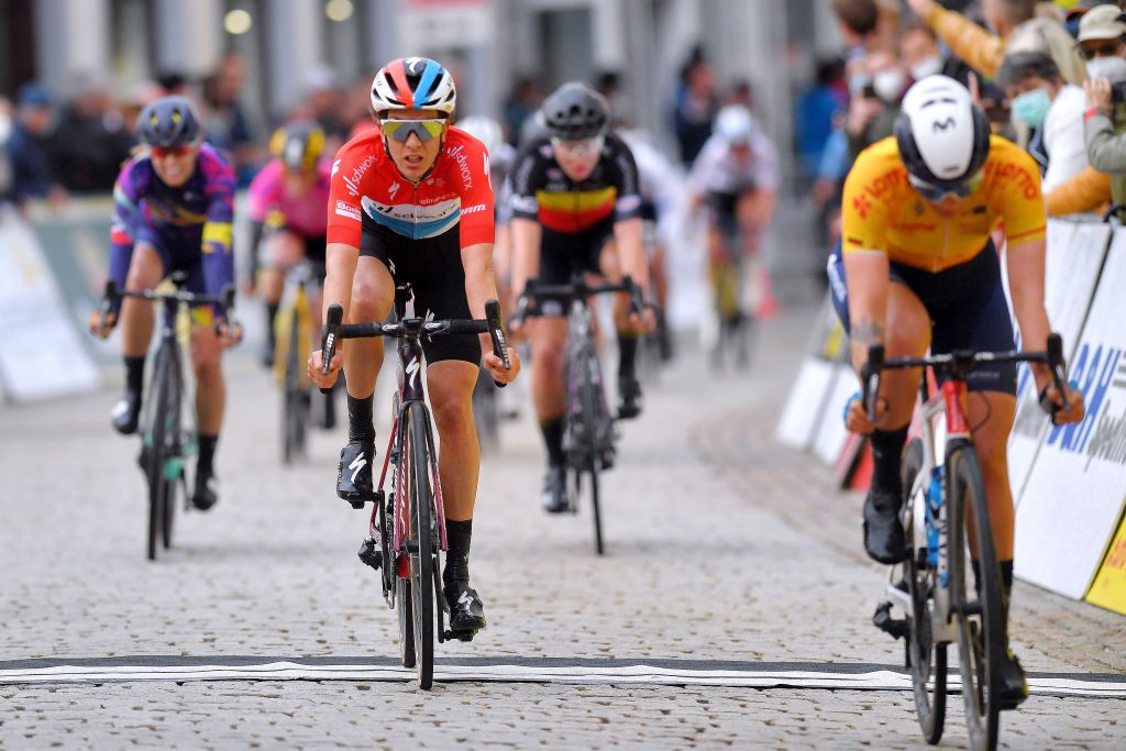 GERA GERMANY MAY 26 Christine Majerus of Luxembourg and Team SD Worx at arrival during the 34th Internationale LOTTO Thringen Ladies Tour 2021 Stage 2 a 1251km stage from Gera to Gera ltlt2021 lottothueringenladiestour womencycling on May 26 2021 in Gera Germany Photo by Luc ClaessenGetty Images