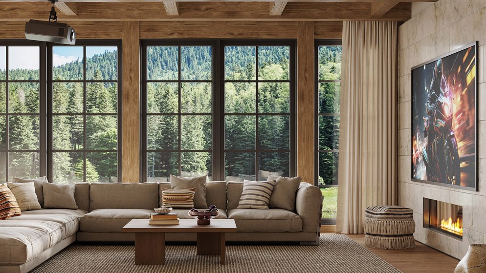 A Sony Bravia projector in a large and brightly lit room with lots of full length windows