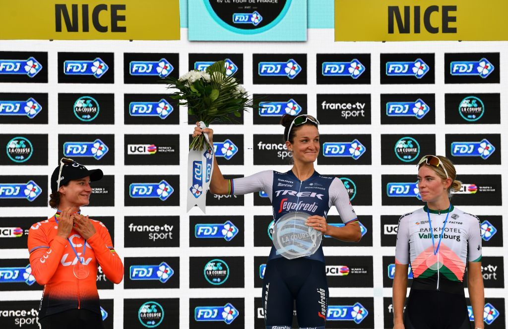 The La Course podium with Vos, Deignan and Vollering