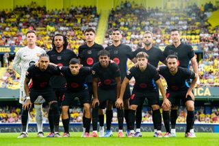 Barcelona line up prior the LaLiga match between Villarreal CF and FC Barcelona at Estadio de la Ceramica on September 22, 2024 in Villarreal, Spain.