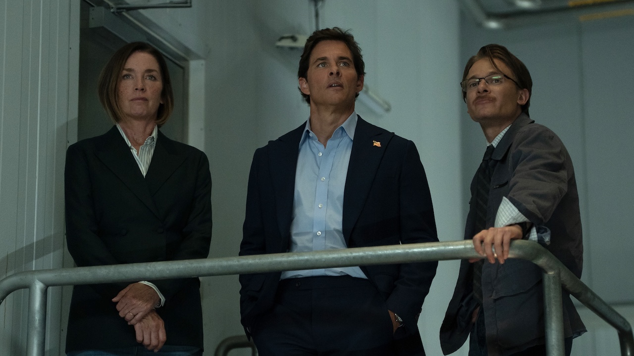 Sinatra, Cal and Anders looking at bunker control room in Paradise Season 2 Episode 7