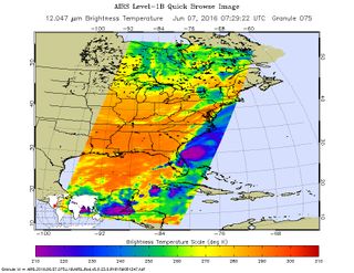 This false-colored infrared image from NASA's Aqua satellite of Tropical Storm Storm Colin shows the cold cloud-top temperatures (purple) of strong storms on June 7, 2016.