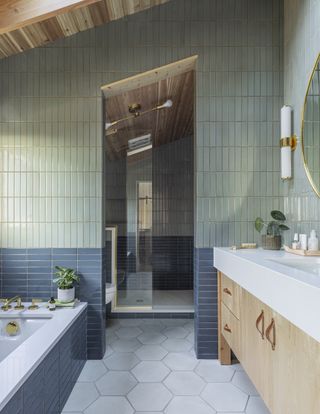Blue and green tiled bathroom