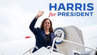 Kamala Harris on a plane, with her logo 