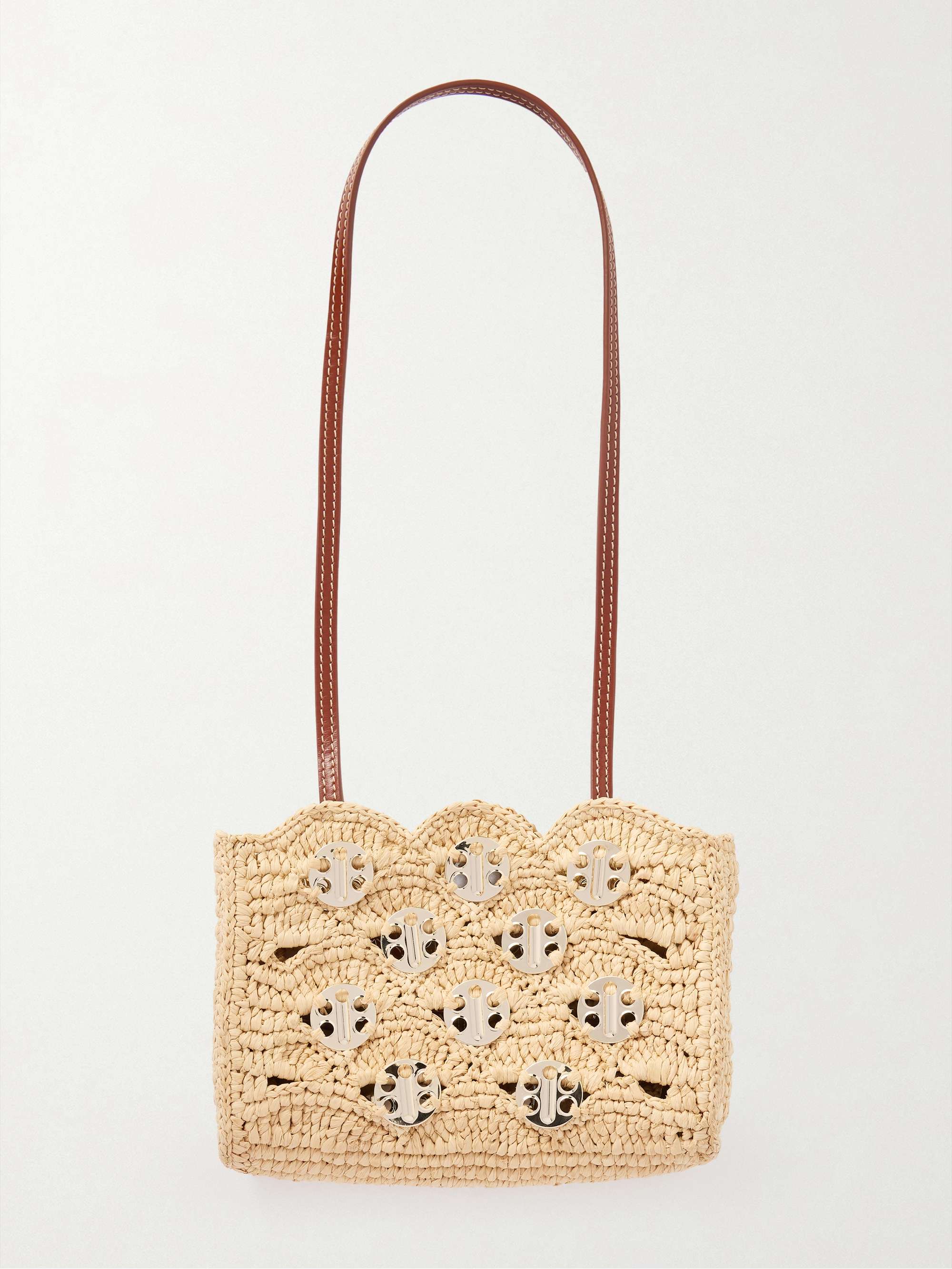 Sac a Man Leather-Trimmed Studded Raffia Shoulder Bag
