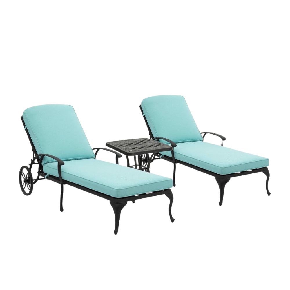 Sun loungers with turquoise cushions and black metal frames