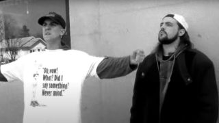 Jason Mewes shouts in front of the video store, while Kevin Smith smokes in Clerks.