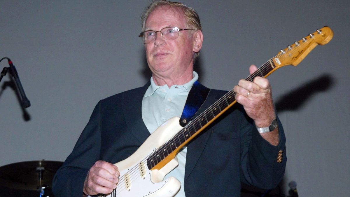 Session guitarist Vic Flick performs with tribute band The Fab Four at the House of Blues club, celebrating the 40th anniversary of the Beatles and to help launch the DVD of &quot;A Hard Day&#039;s Night&quot; October 1, 2002 in Beverly Hills, California.