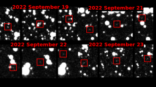 Images from the Atlas survey showing the potentially hazardous asteroid 2022 SF289 marked by red boxes