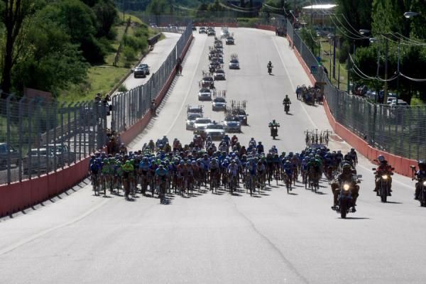 The peloton spreads across the road shortly after the start of stage two of the Tour de San Luis.