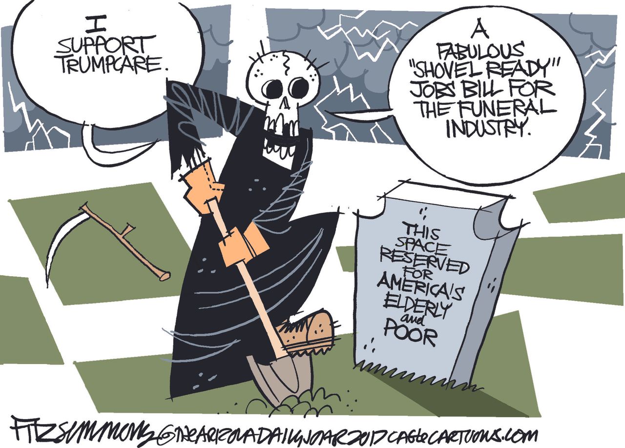 Political cartoon U.S. GOP health care bill grim reaper