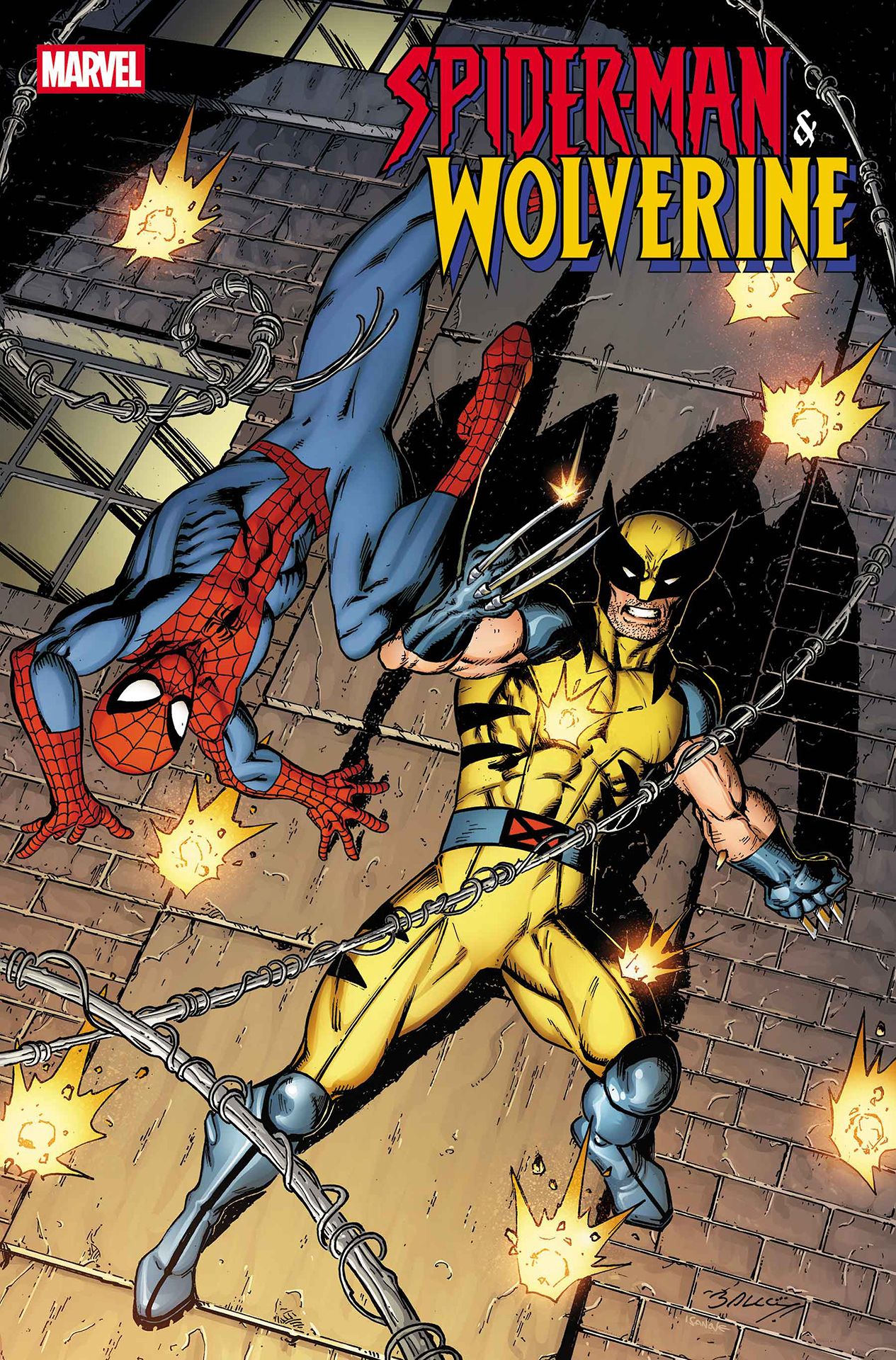 Spider-Man &amp; Wolverine #1 cover by Mark Bagley, showing Spider-Man and Wolverine leaping into action avoiding gunfire.